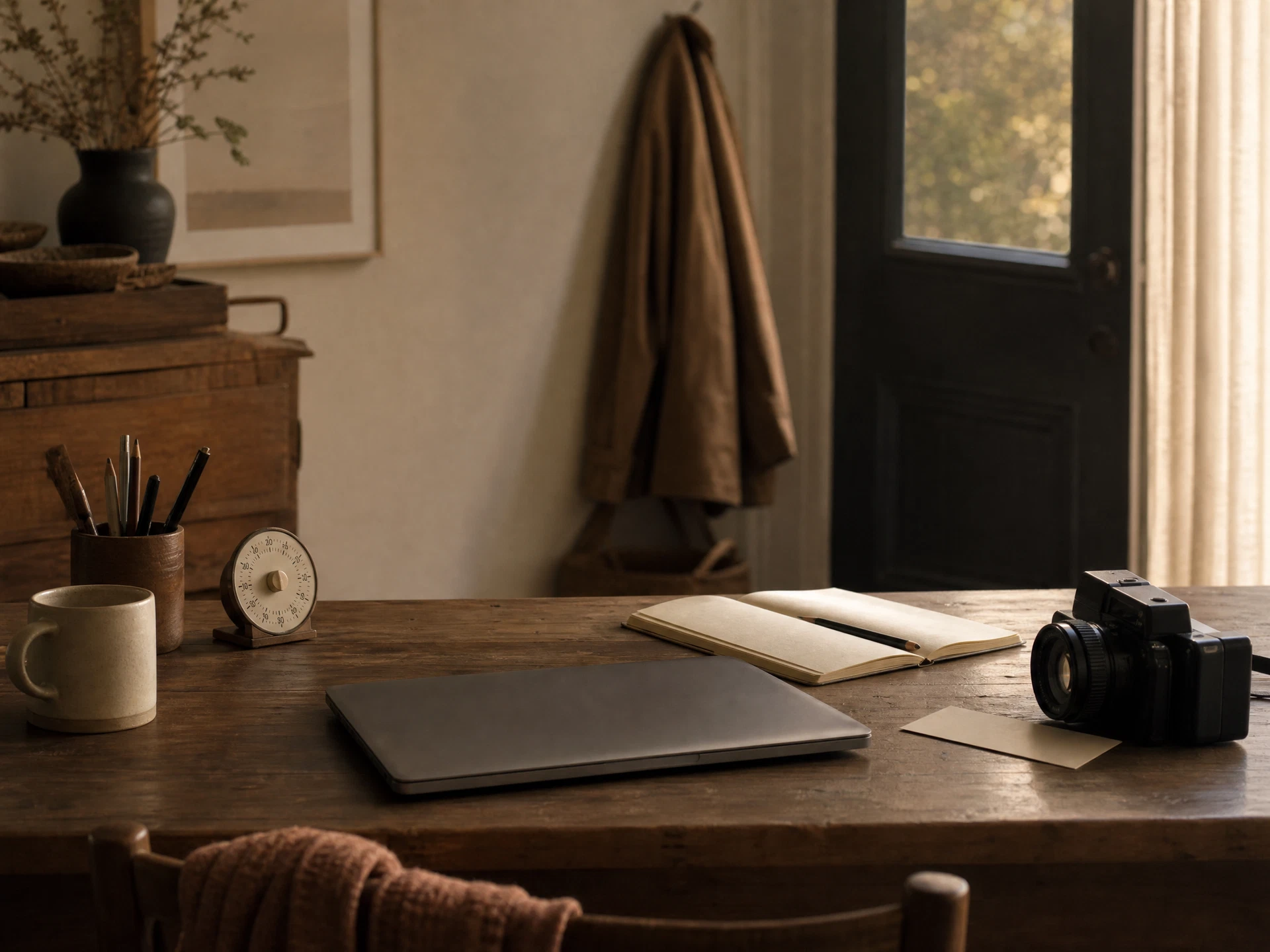 Creative professional closing a laptop and notebook at the end of the day in a calm home studio