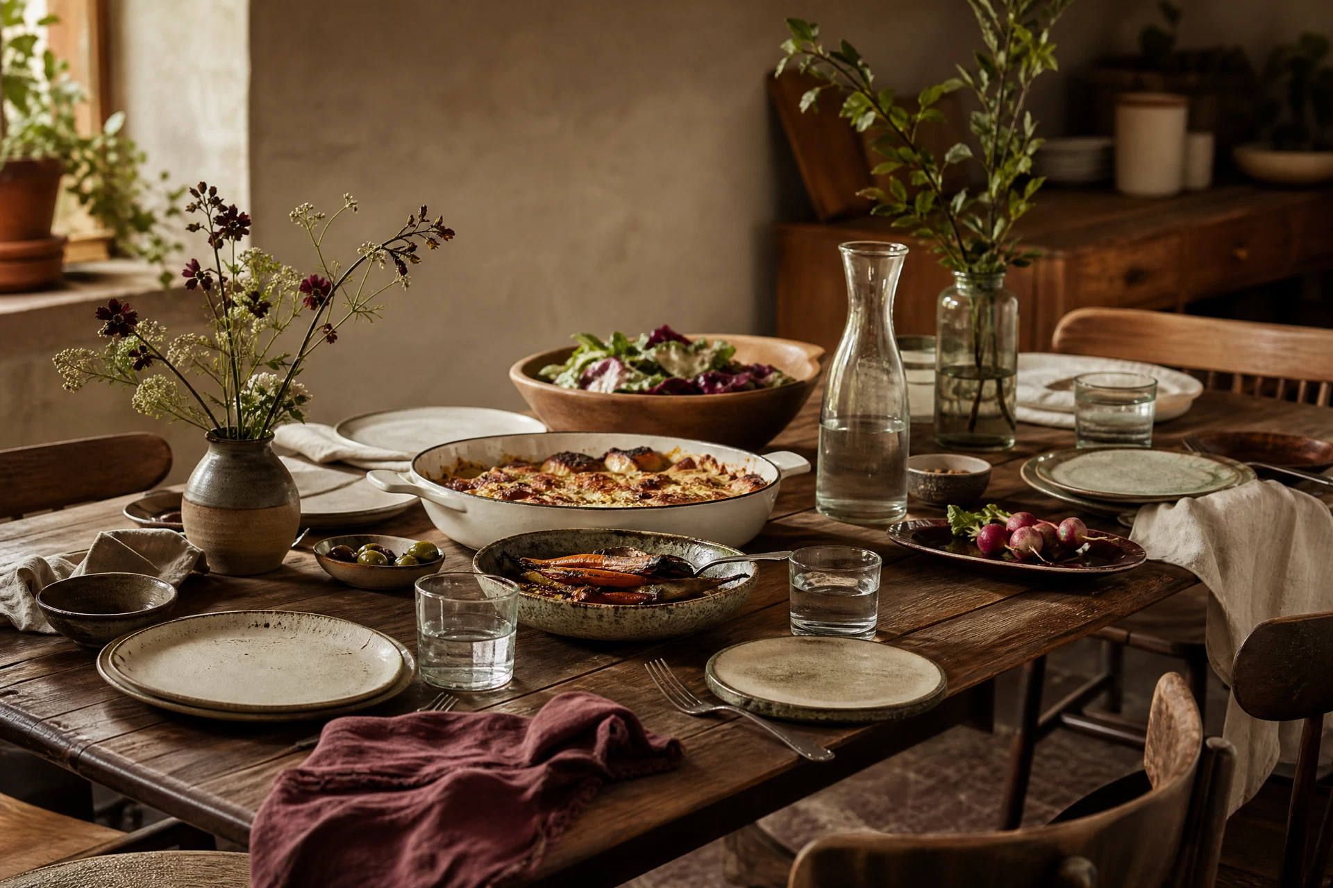 Warm seasonal dining table prepared for guests