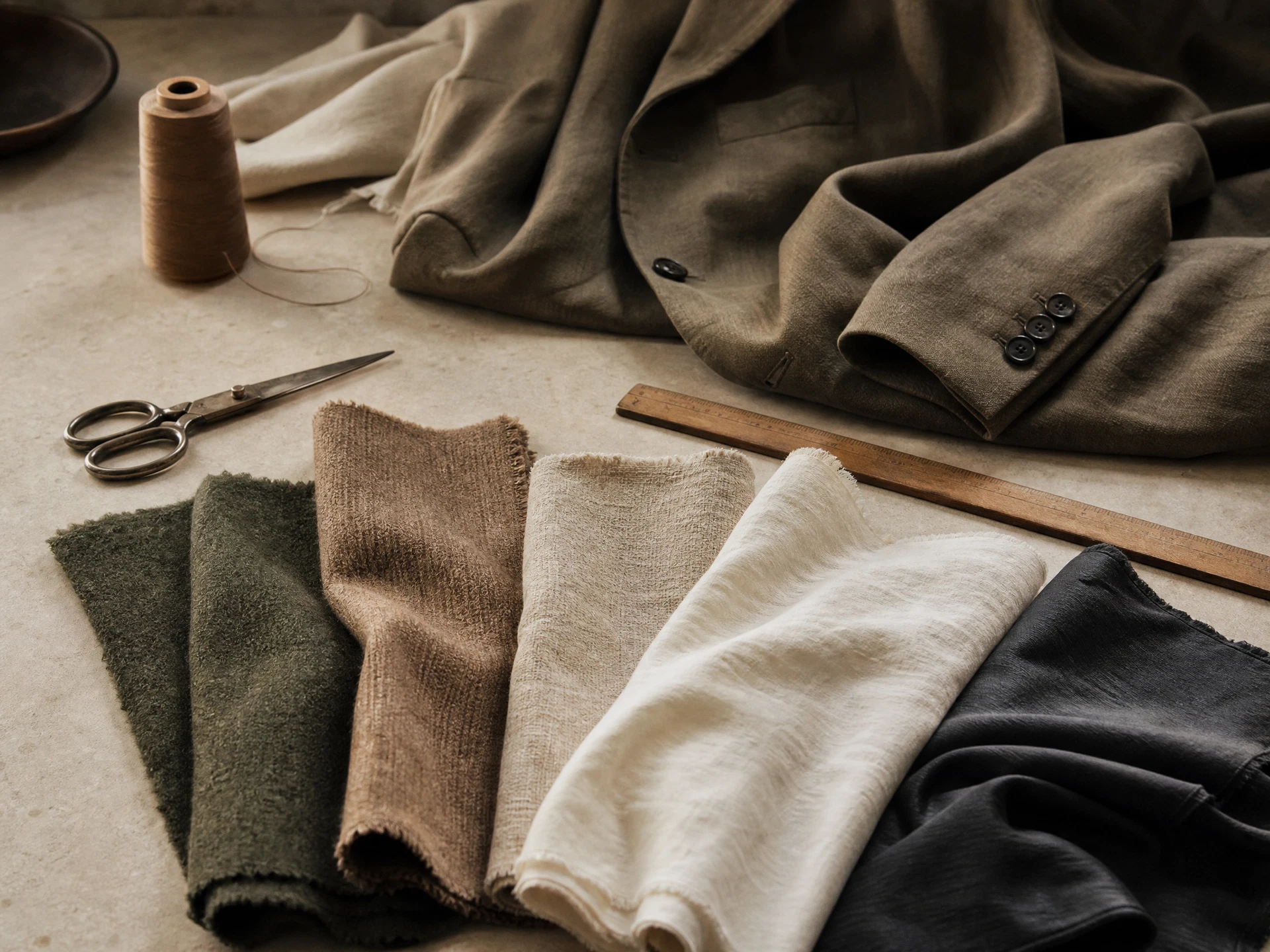 Natural fabric swatches, tailoring tools, and an unbranded neutral garment in warm daylight