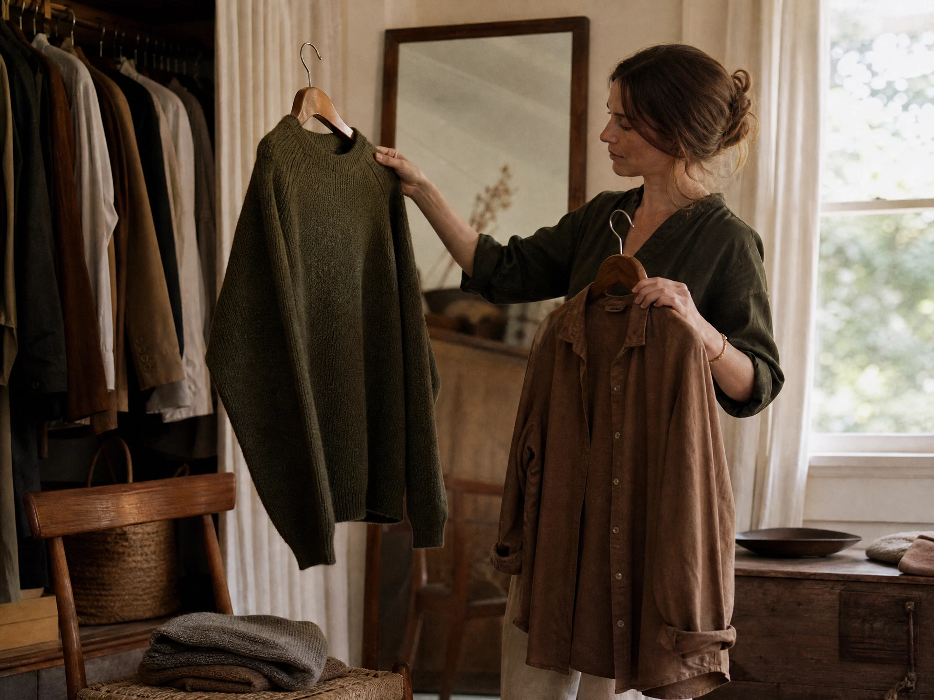 Woman comparing two timeless garments in a quiet sunlit dressing space