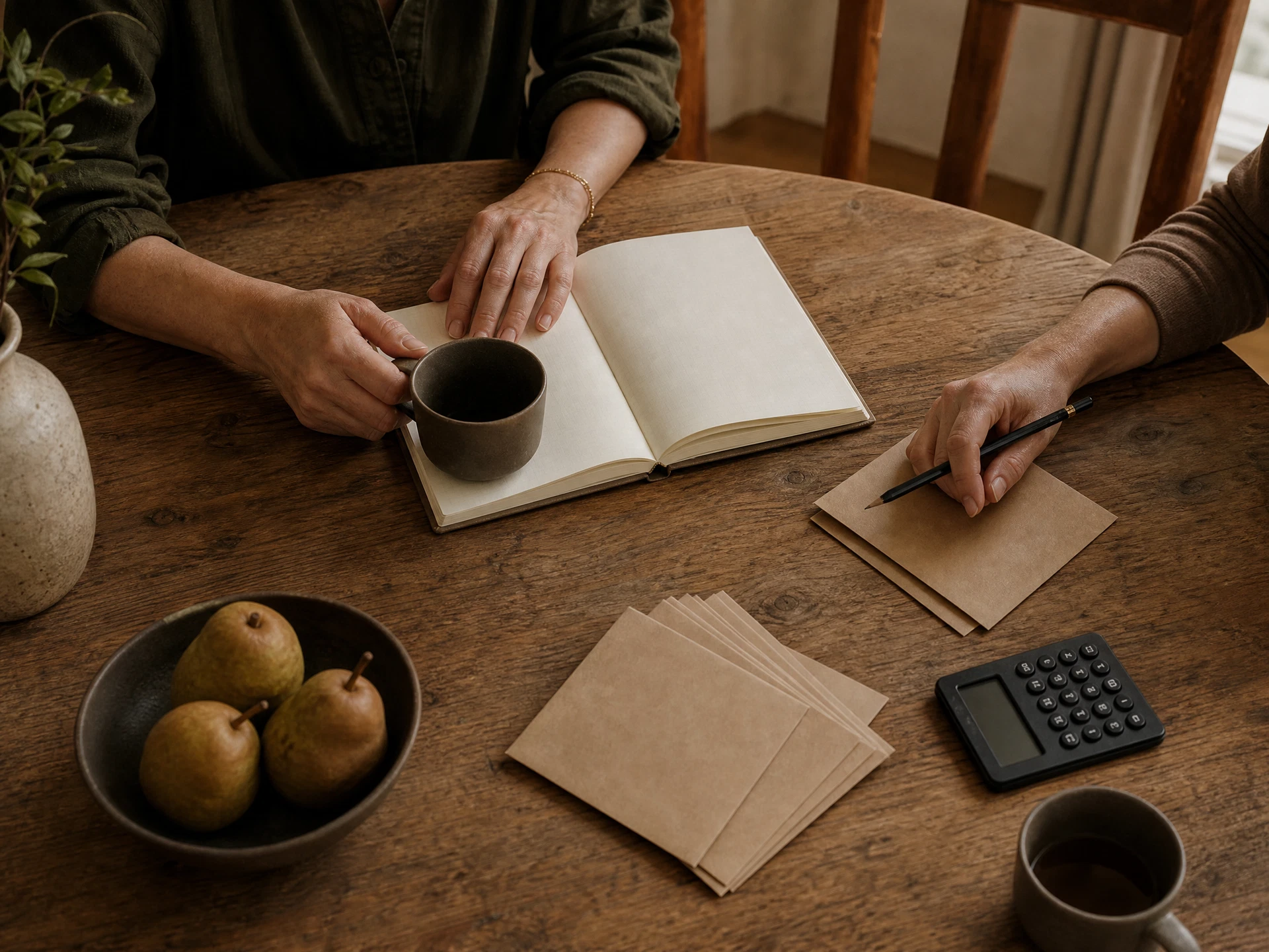 Two adults calmly planning household money at a wooden kitchen table with a notebook and calculator