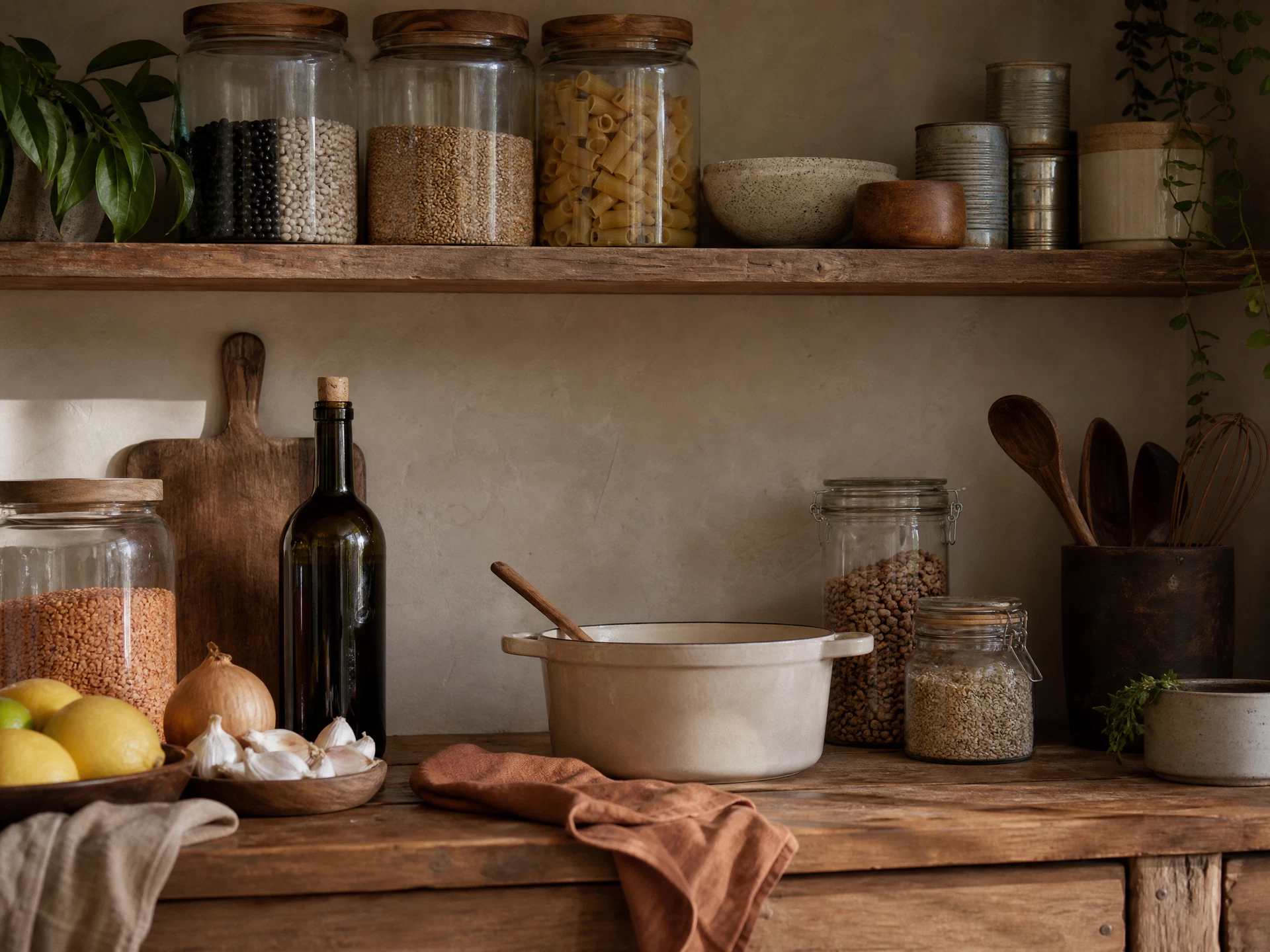 Lived-in kitchen pantry with grains, beans, spices, vegetables, and a simple pan ready for dinner