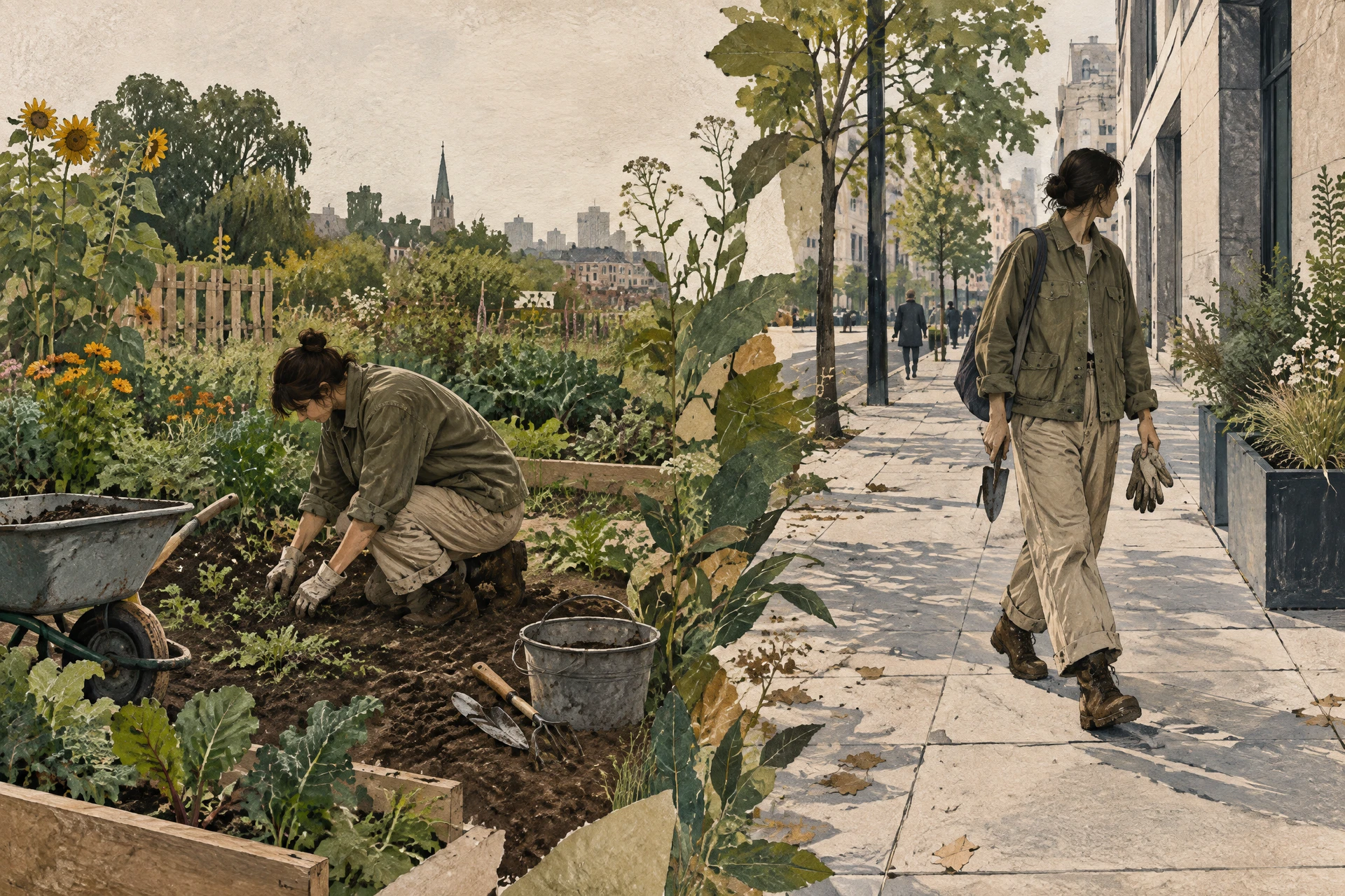Editorial illustration connecting practical community-garden workwear with an urban streetscape