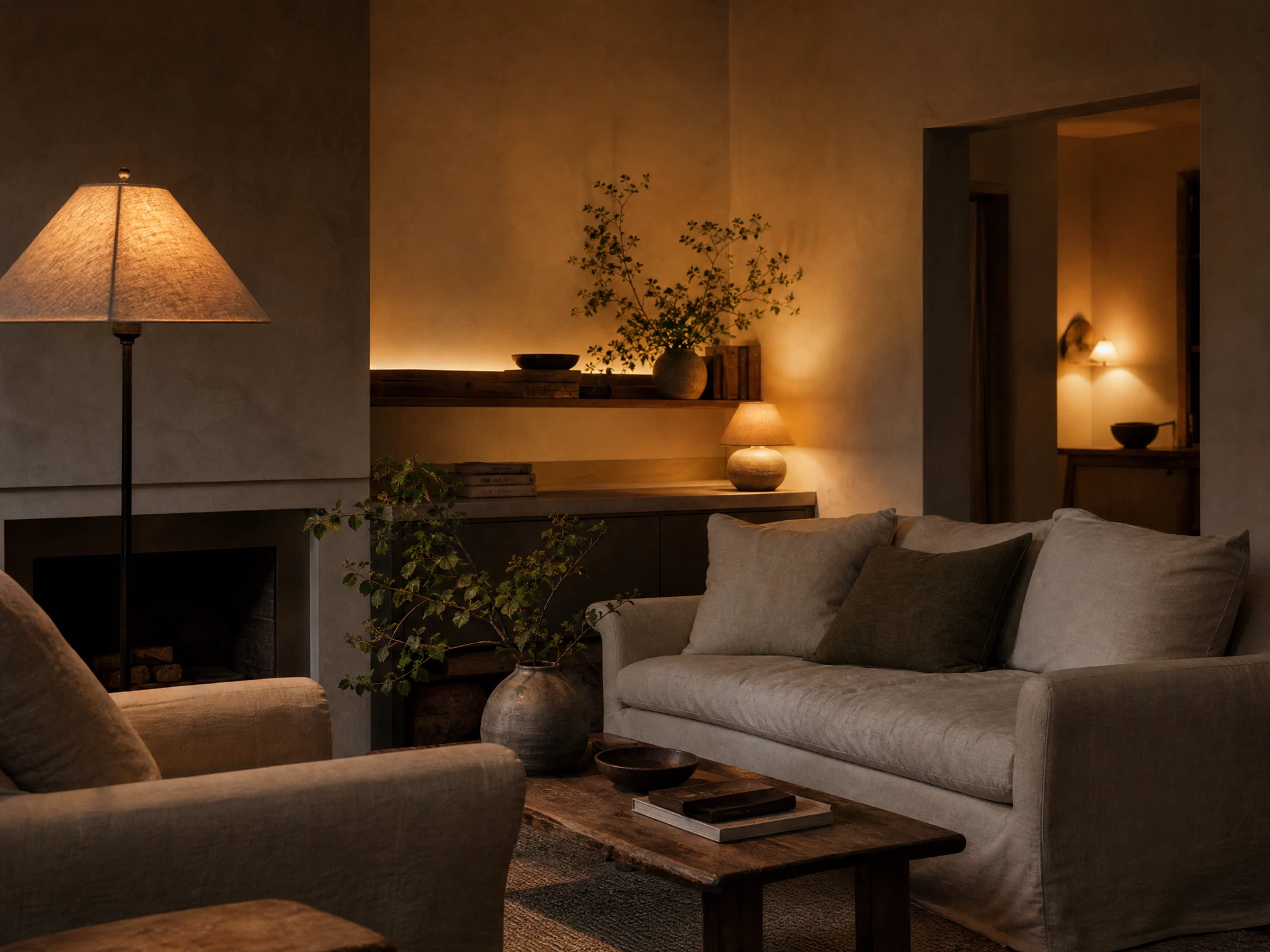 Calm sitting room at blue hour with layered floor, table, and indirect wall lighting