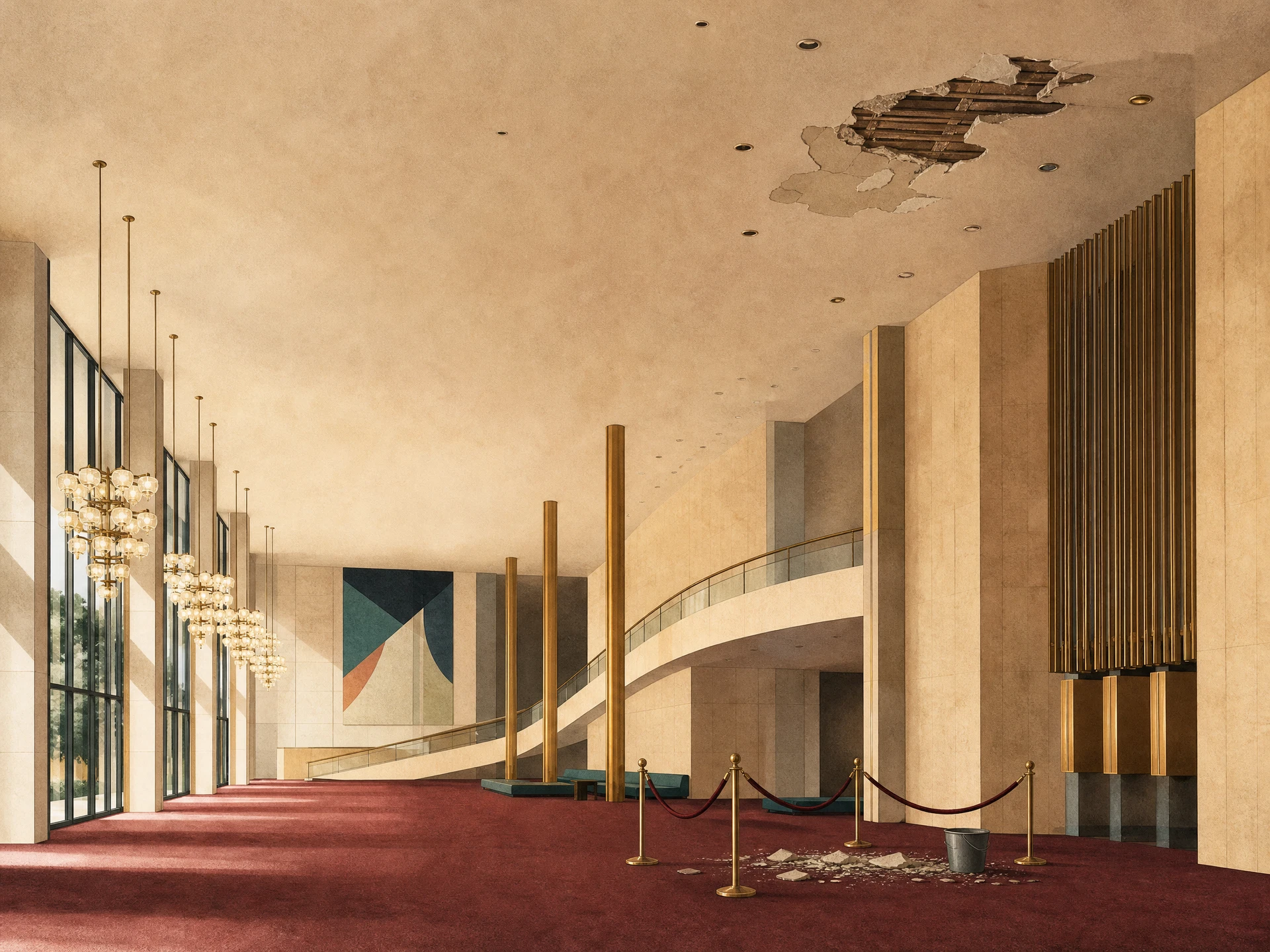 Editorial illustration of a grand performing-arts foyer with a small cordoned ceiling-damage area