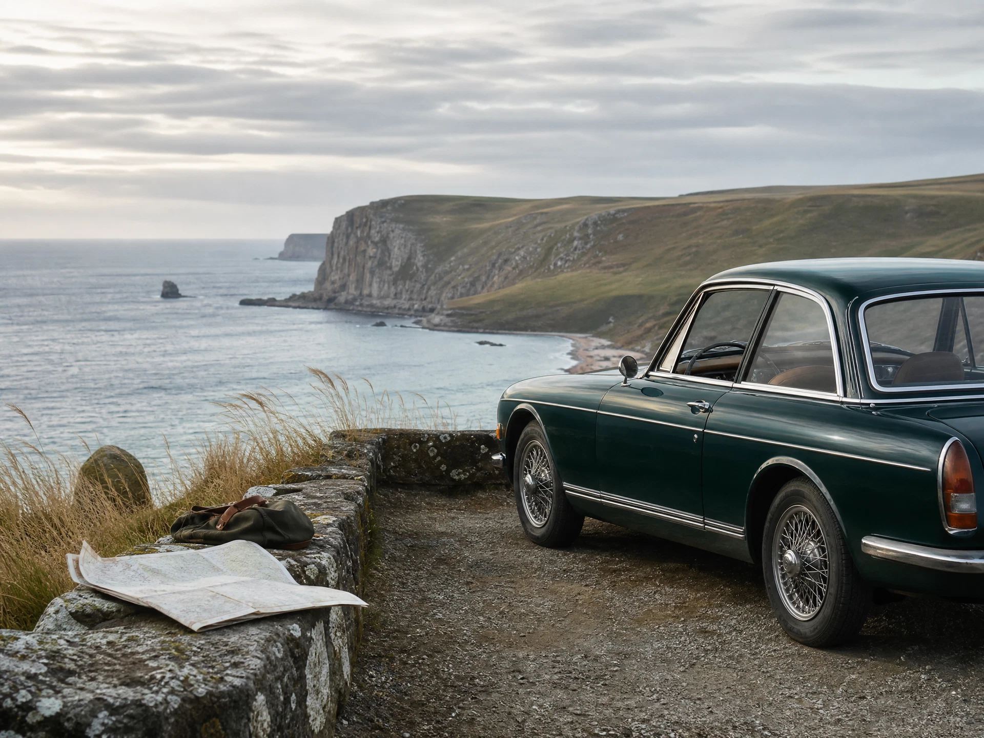 Fictional electric coupe beside a coastal pavilion
