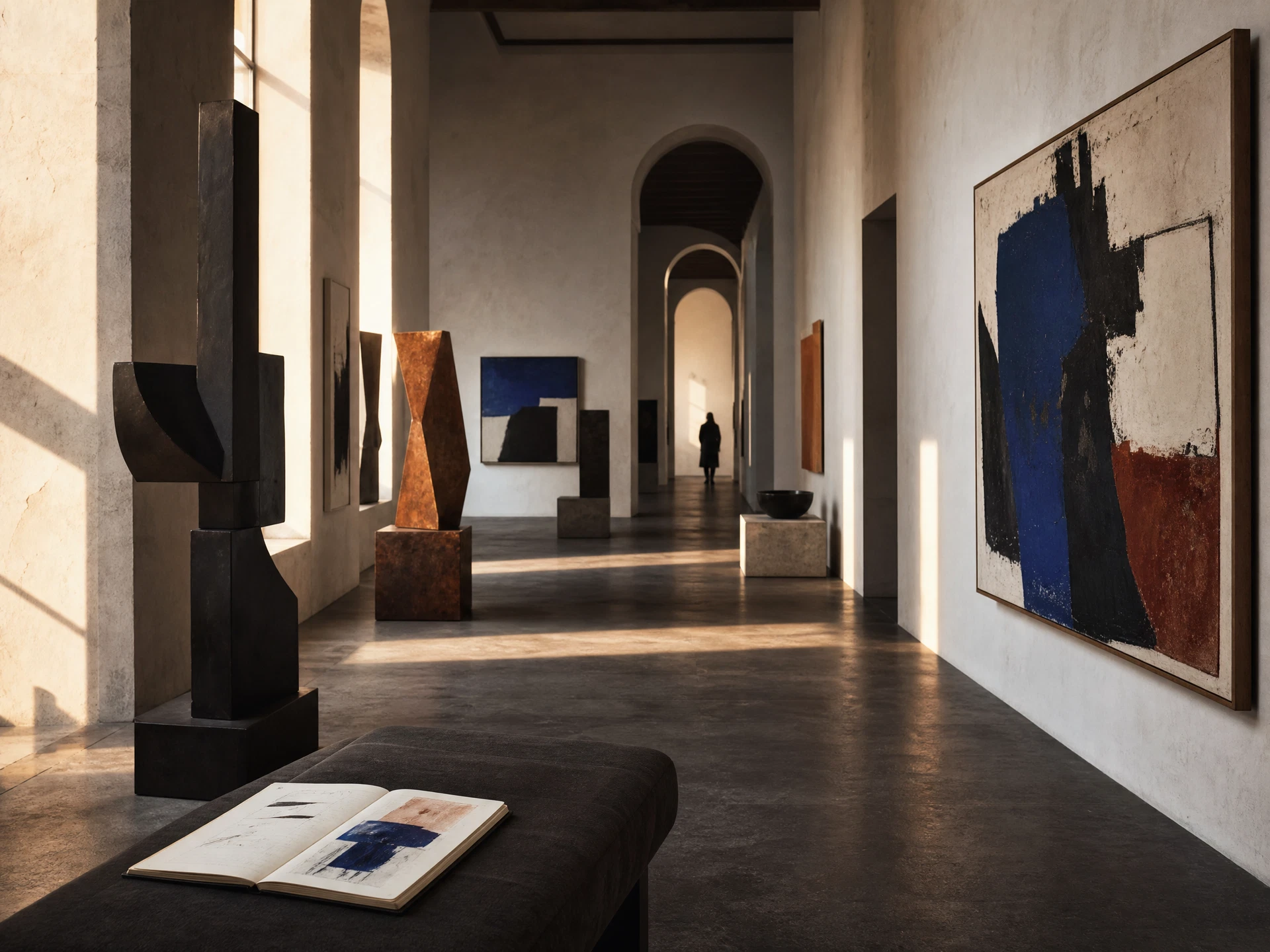 Visitor observing an abstract artwork in a quiet gallery
