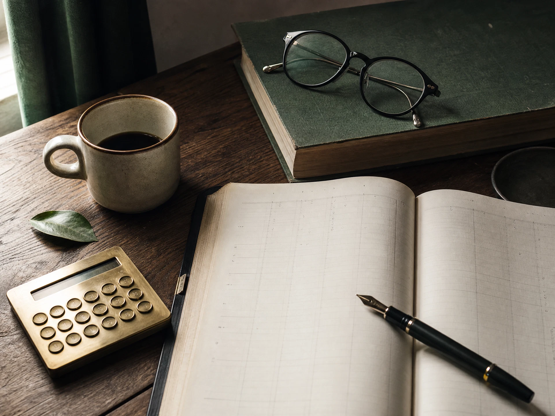 Notebook and pen arranged on a walnut desk