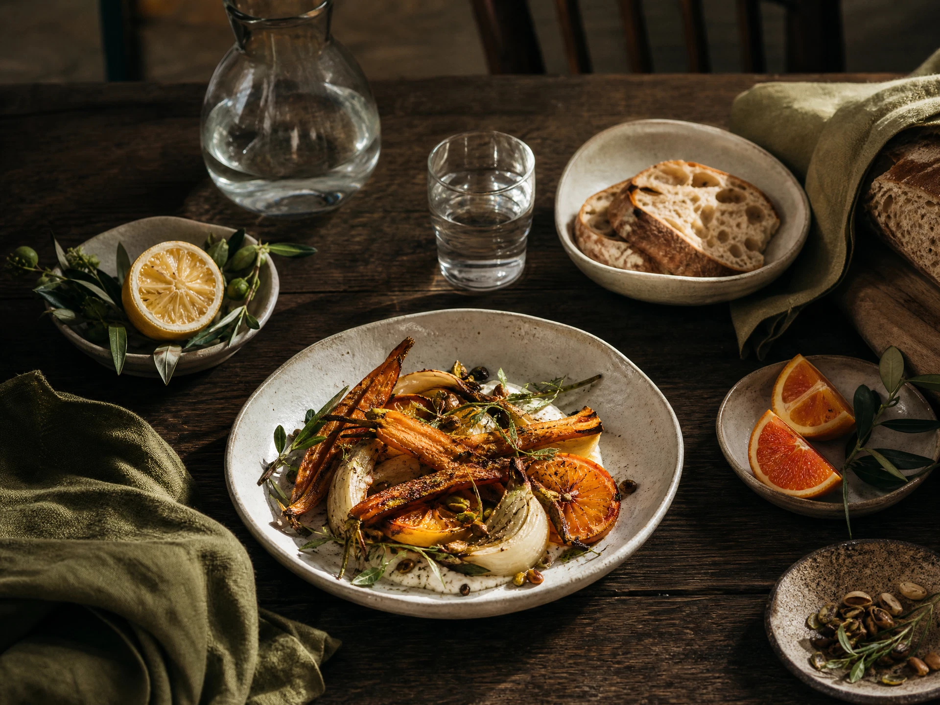 Seasonal Mediterranean meal on a sunlit table