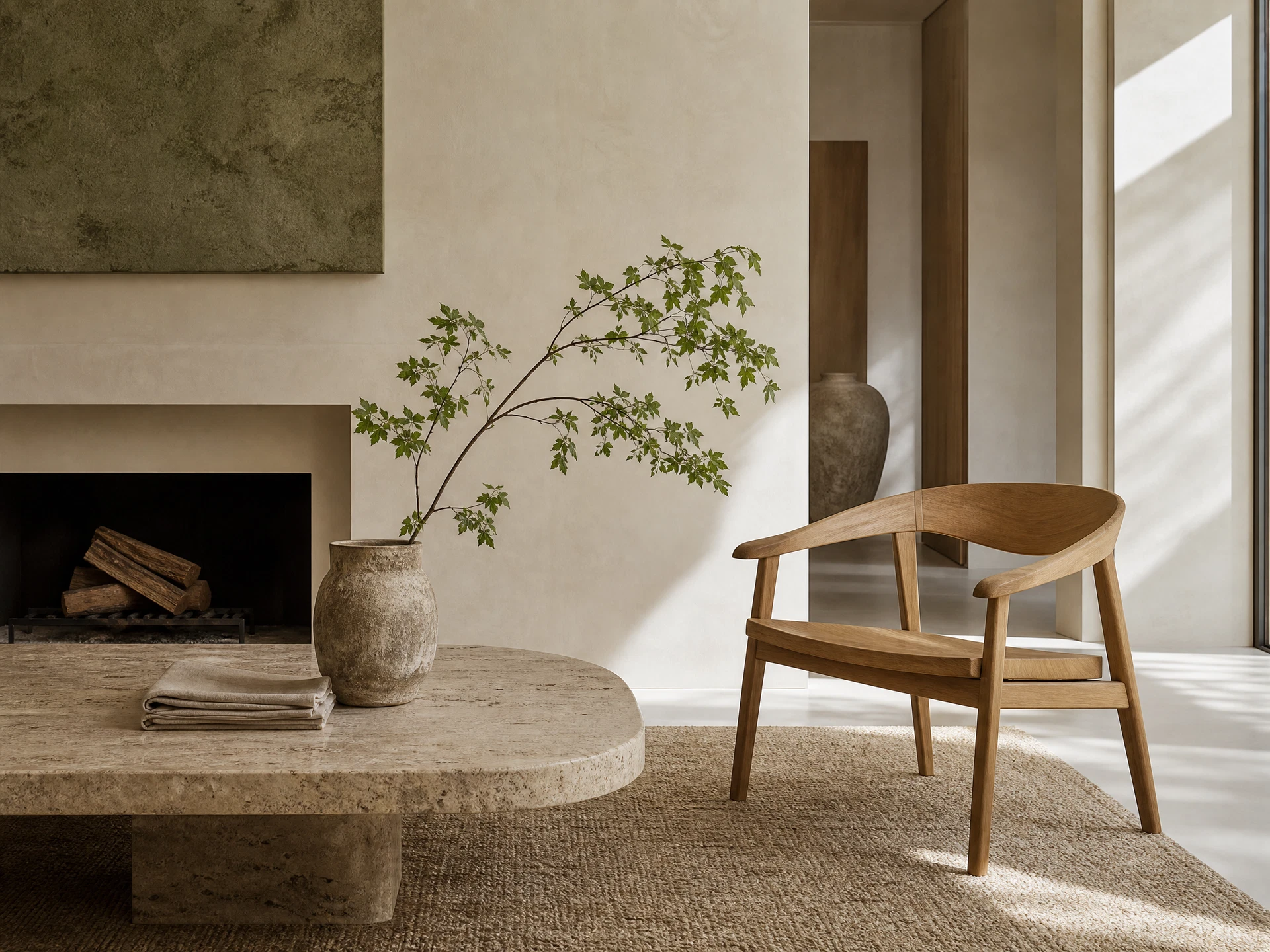 Warm minimalist living room with sculptural furniture