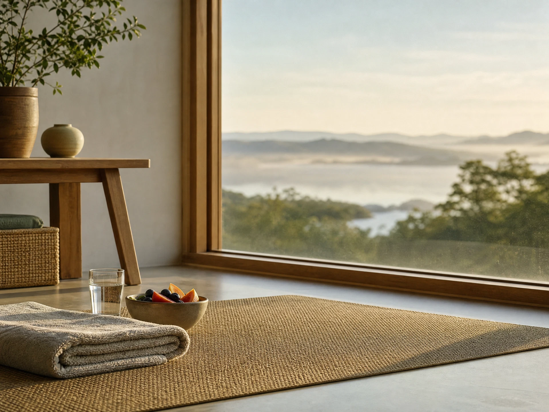 Woman stretching beside a sunlit window