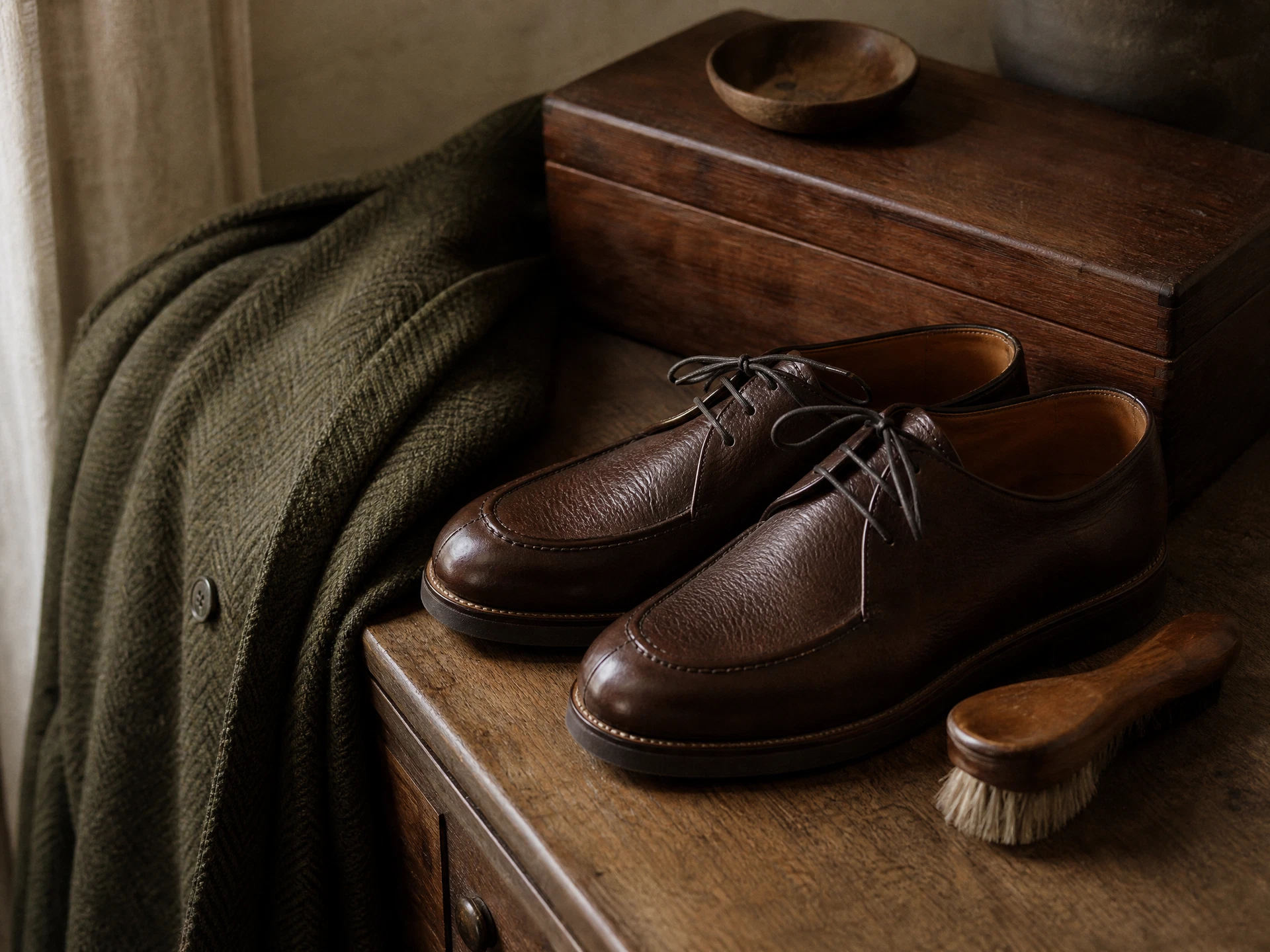 Unbranded crafted objects in leather, wool, wood, ceramic, and metal arranged on stone