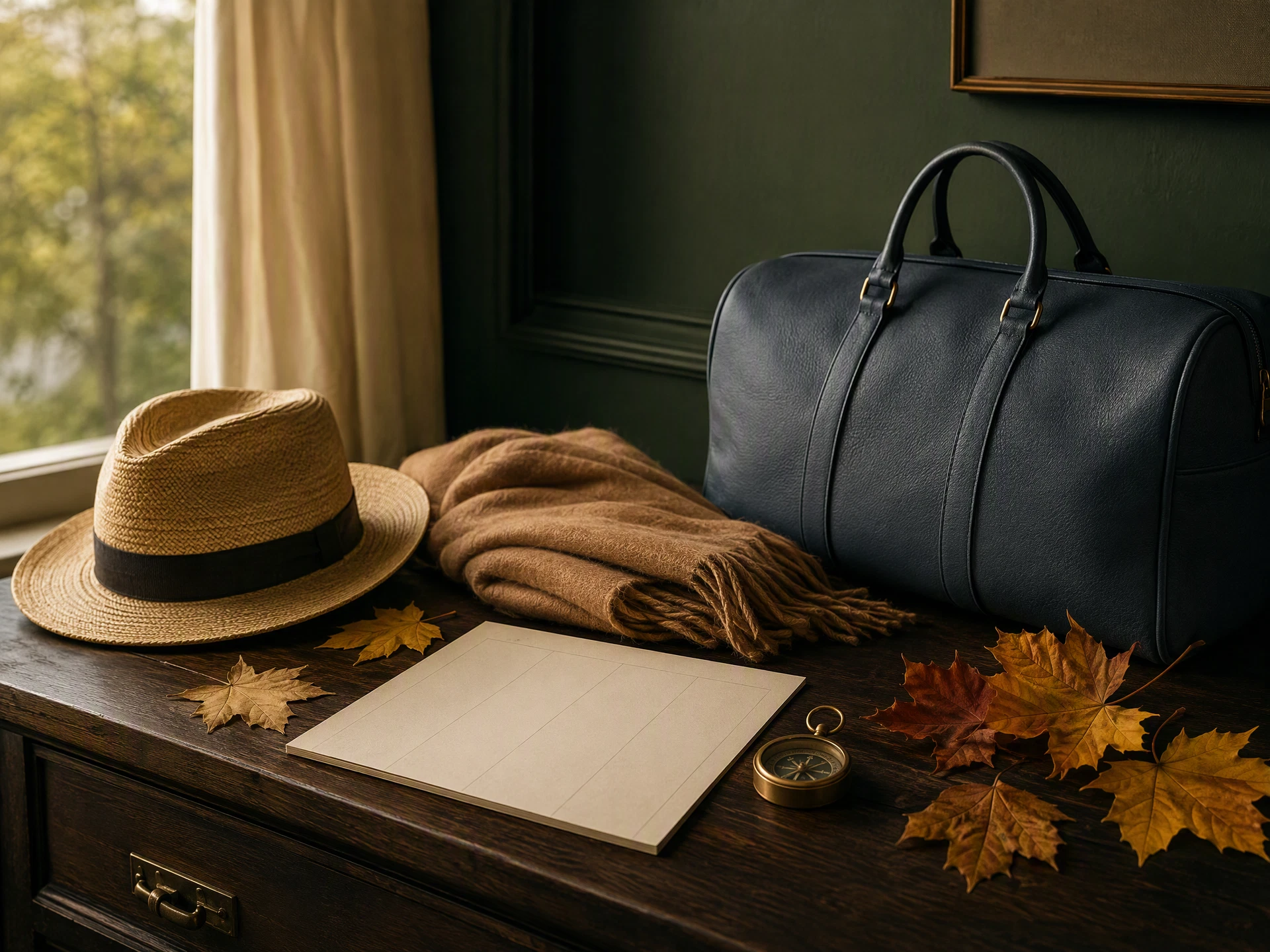 An unbranded slate-blue weekender, straw hat, wool scarf and autumn leaves arranged as a seasonal travel still life