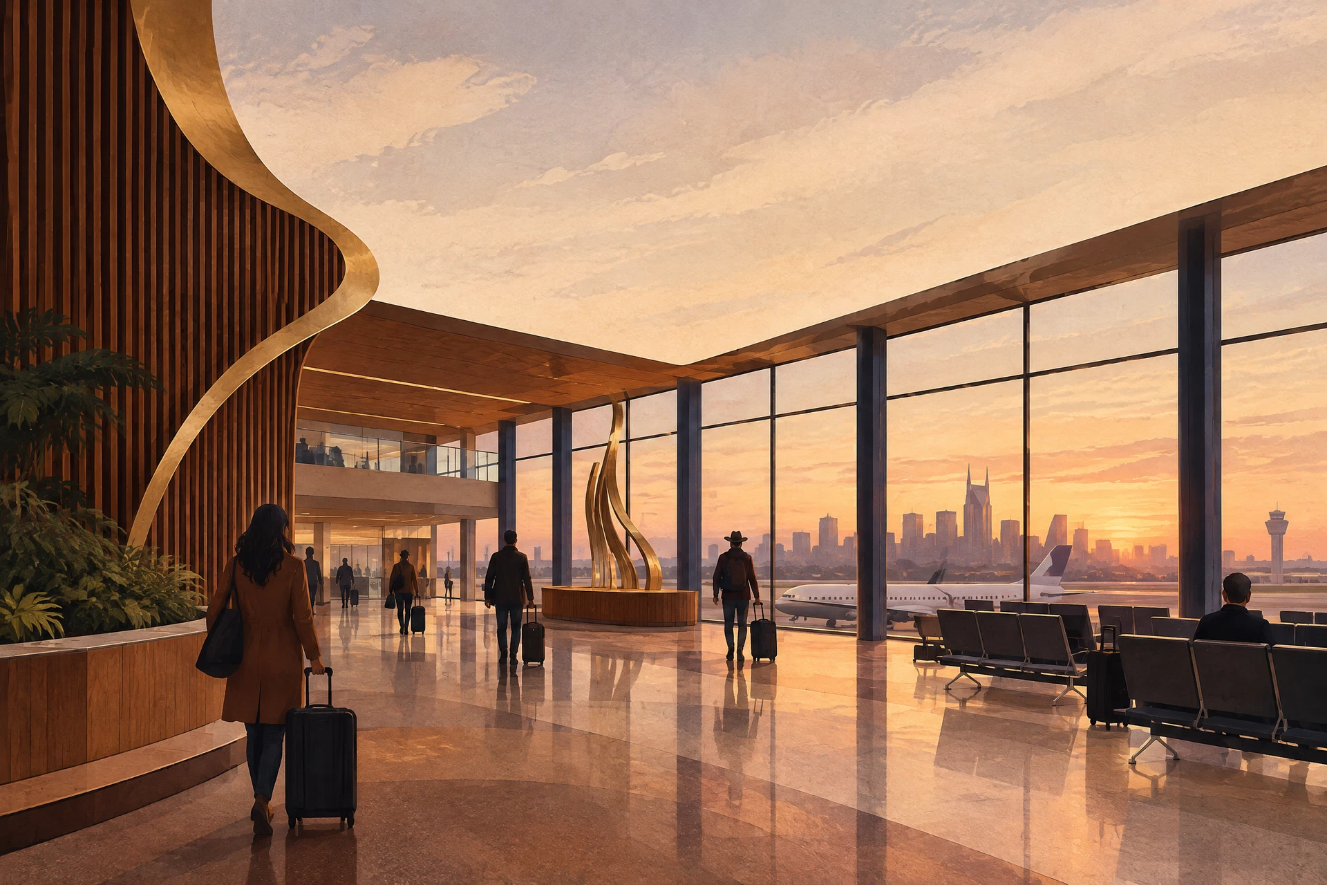 Illustrated Nashville airport concourse representing the beginning of a public naming process honouring Dolly Parton