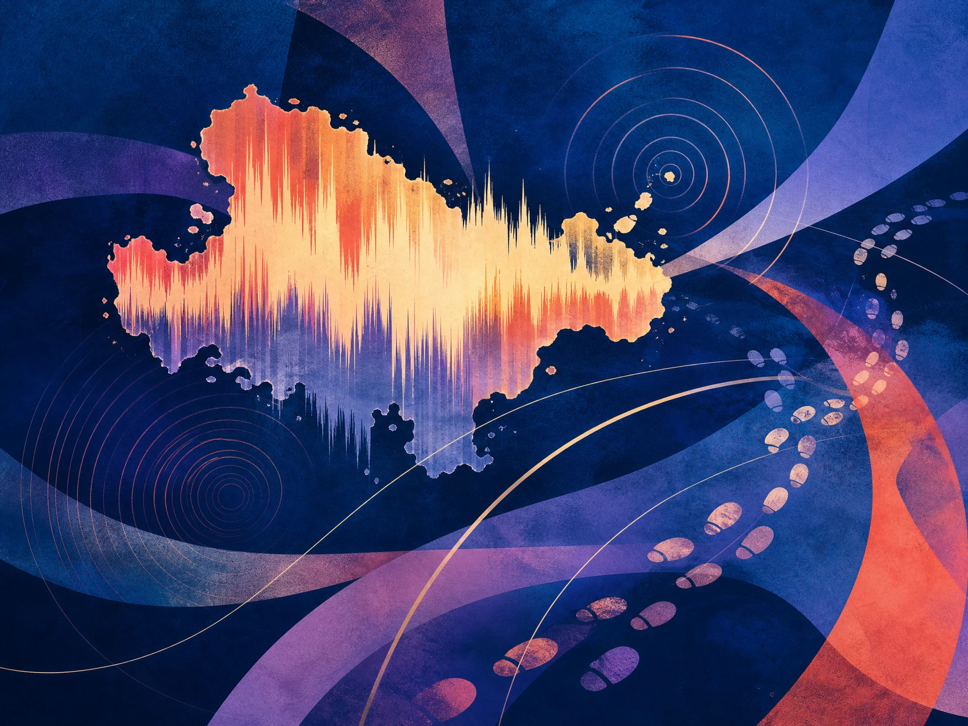 Abstract island-shaped waveform with stage-movement arcs and intersecting colour fields
