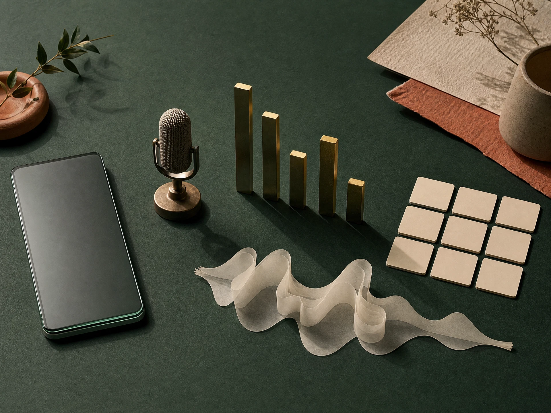 An unbranded microphone, abstract poll bars and blank photo tiles arranged around a generic dark-screen phone object