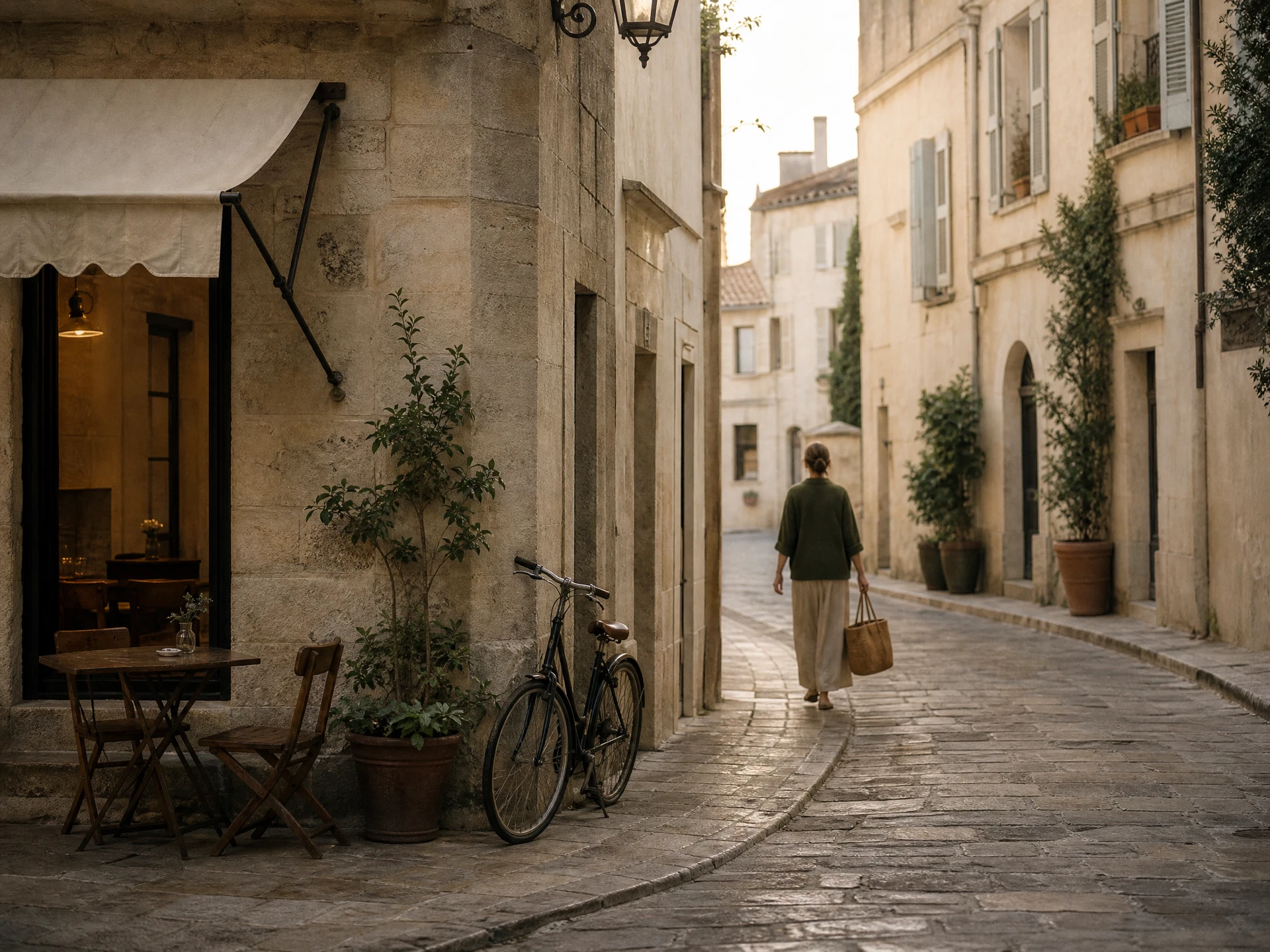 Quiet neighborhood street with bicycles, stone buildings, plants, and a resident carrying a market bag