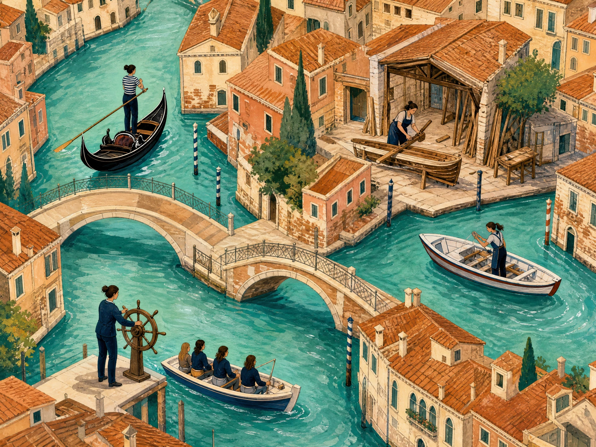 Illustrated Venice canal map with symbols for gondolier, sandolo, boatbuilding and navigation work