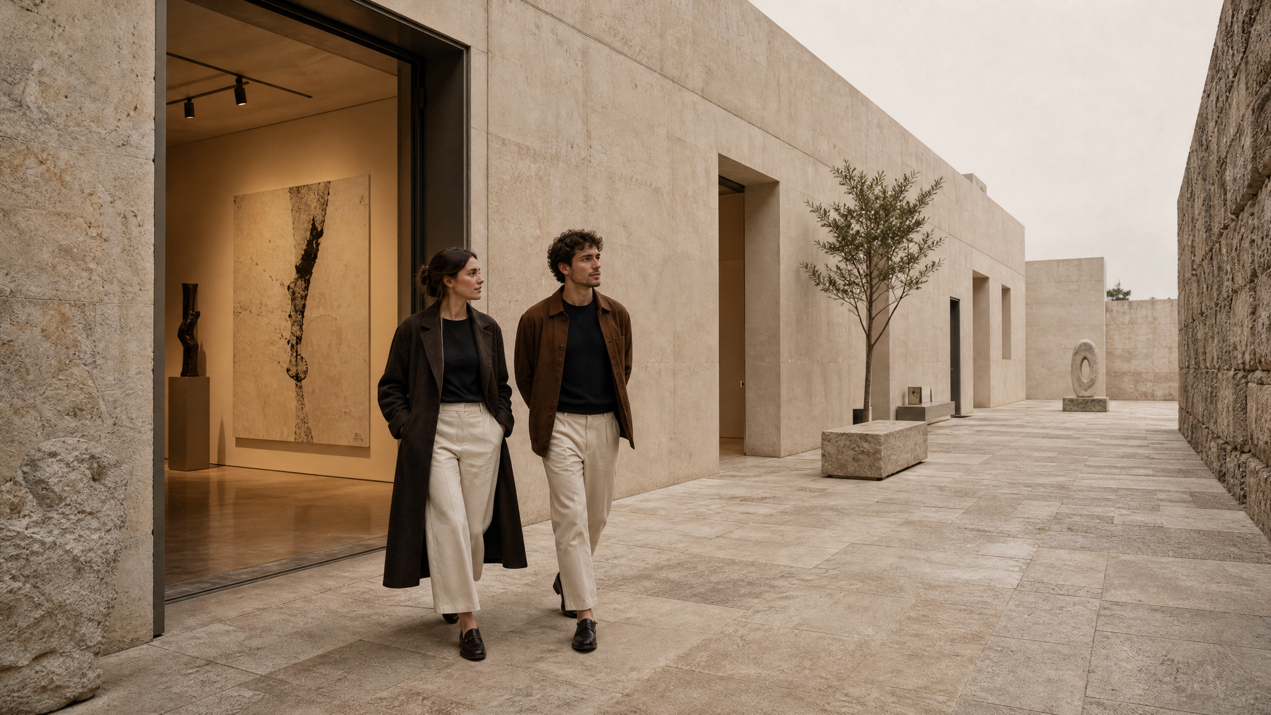 Two visitors walking through a contemporary arts district