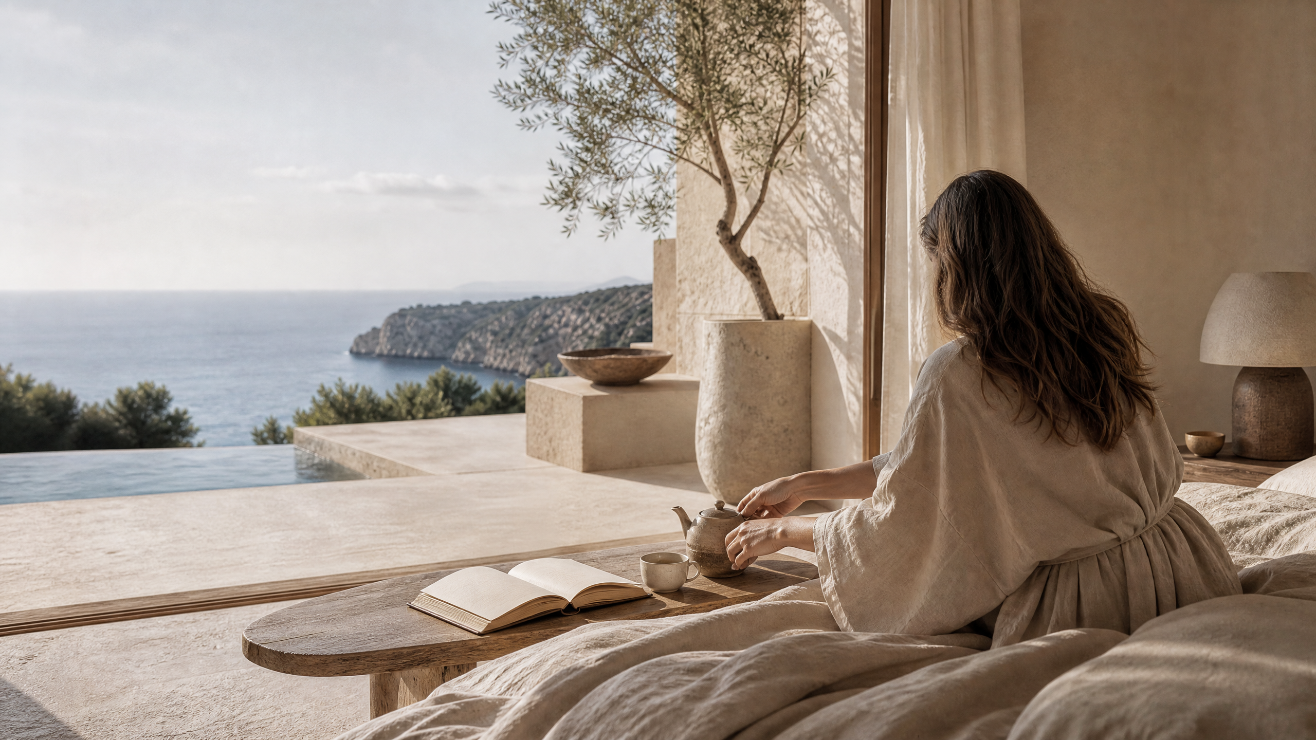 Sunlit bedroom and terrace during a morning ritual