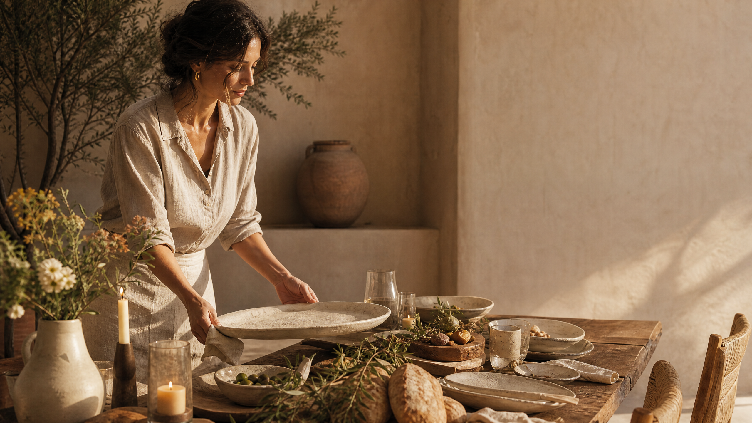 Host arranging a seasonal table in warm evening light