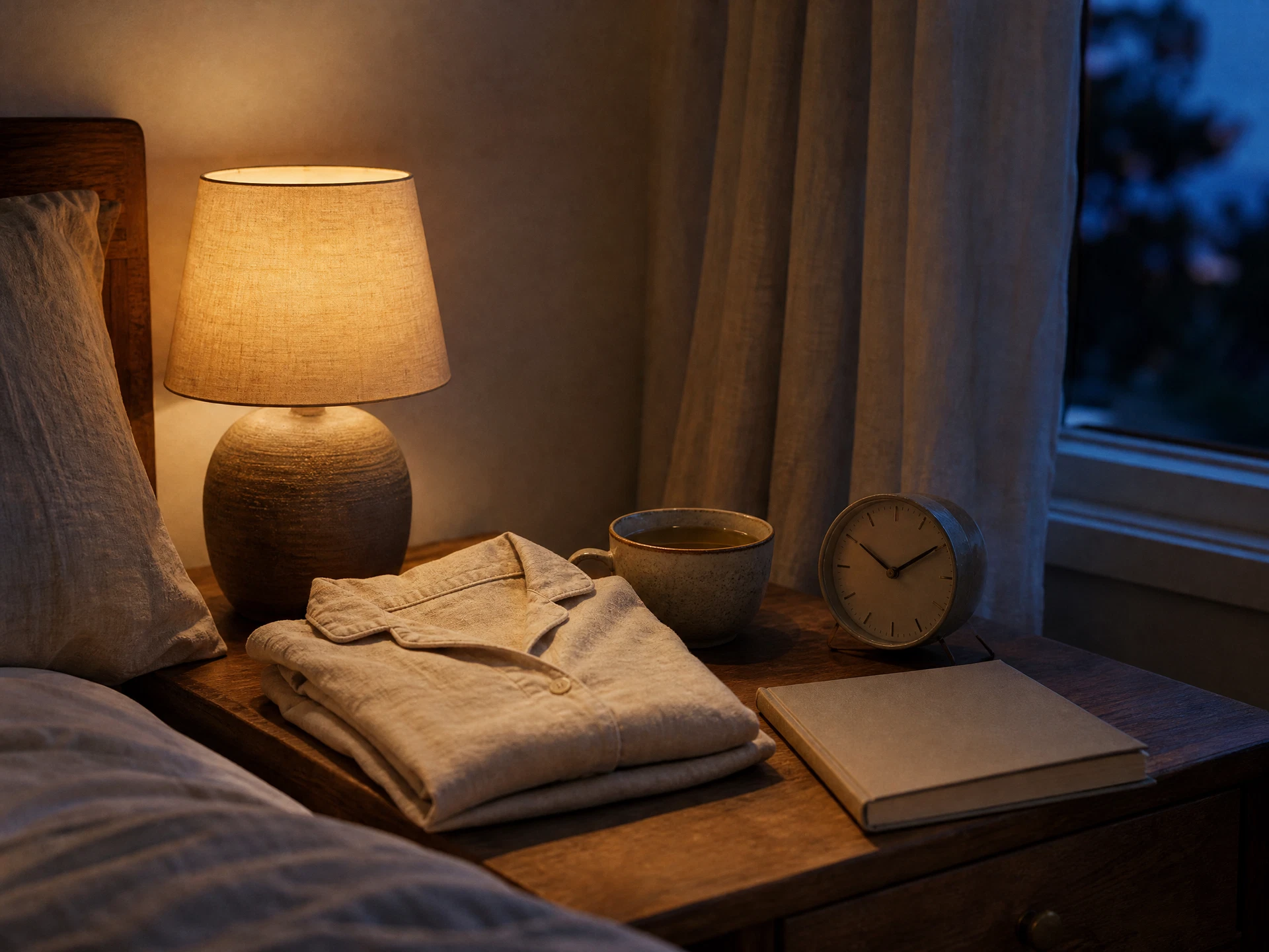 Warm evening reading corner with a shaded lamp, open book, tea, and phone placed face down