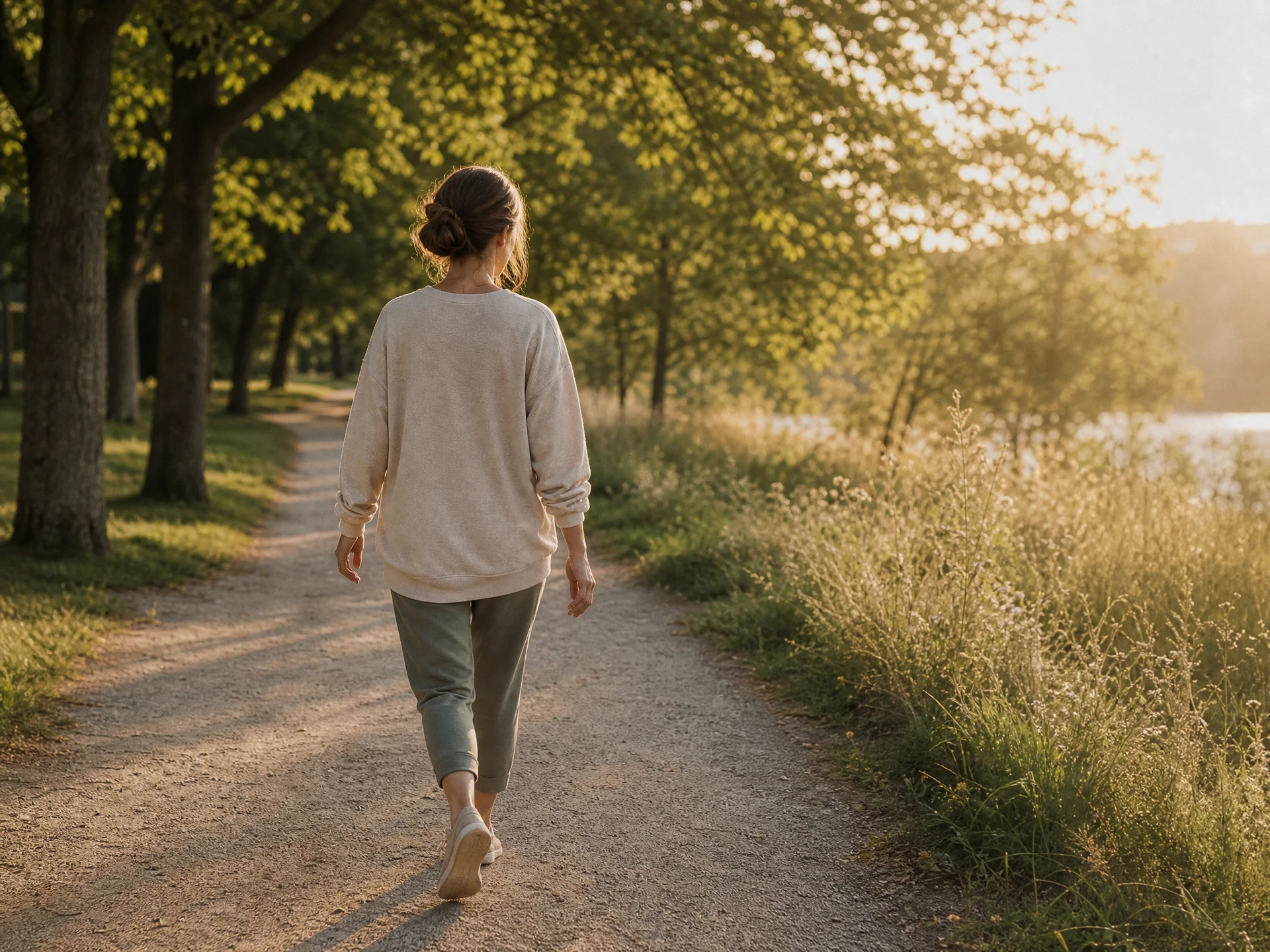 Person walking along a tree-lined neighborhood path in soft morning light